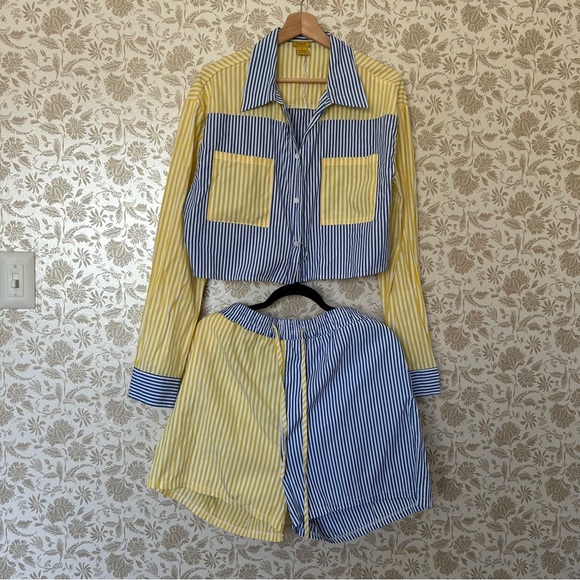Daisy Other - Daisy Striped Button Down and Shorts Set Size 1X NWOT Yellow Blue Colorblock
